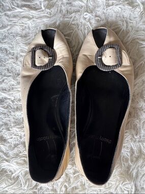 Thierry Rabotin Beige Peep-Toe Ballet Flats with Woven Buckle